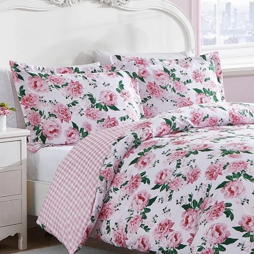 🆕 NWT Queen Duvet Set Reversible Plaid Floral 2 - n - 1 Betsey Johnson PINK NEW